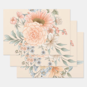 Peach Tone Watercolor Summer Garden Florals Wrapping Paper Sheet
