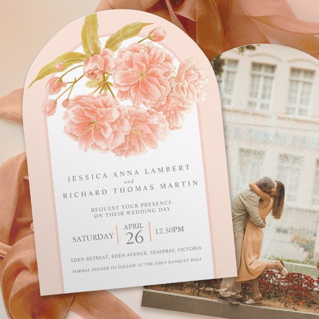 Peach tree blossom watercolor photo wedding arch invitation (Creator Uploaded)
