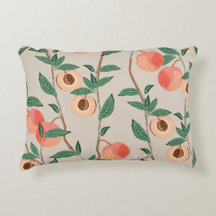 Peach tree branches with leaves and fruits on a li decorative cushion