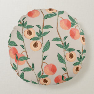 Peach tree branches with leaves and fruits on a li round cushion
