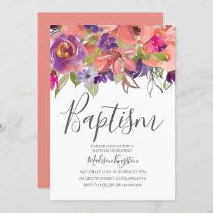 Peach Tropical Flowers Boy Girl Baptism Invite