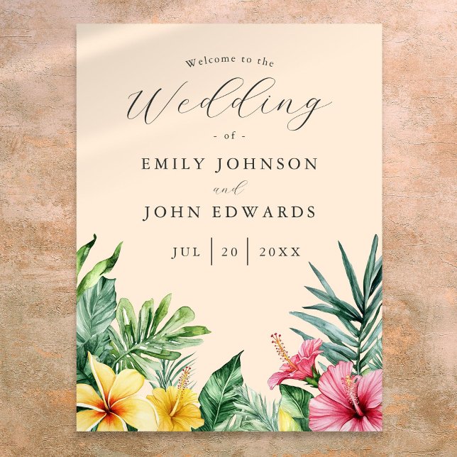Peach Tropical Flowers Wedding Welcome Sign (Peach Tropical Flowers Wedding Welcome Sign)