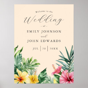 Peach Tropical Flowers Wedding Welcome Sign