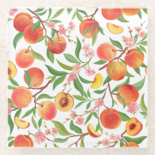 Peach Tropical Fruit Vintage Pattern. Glass Coaster