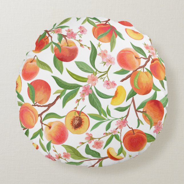 Peach Tropical Fruit Vintage Pattern. Round Cushion (Front)