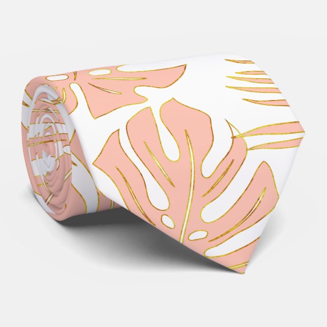 Peach tropical monstera and palm leaves tie (Rolled)