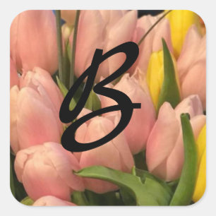 Peach  Tulip Monogram Design Square Sticker