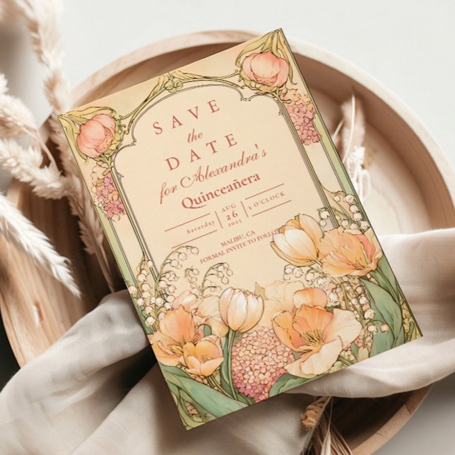 Peach Tulip Quinceañera Celebration Save The Date (Creator Uploaded)