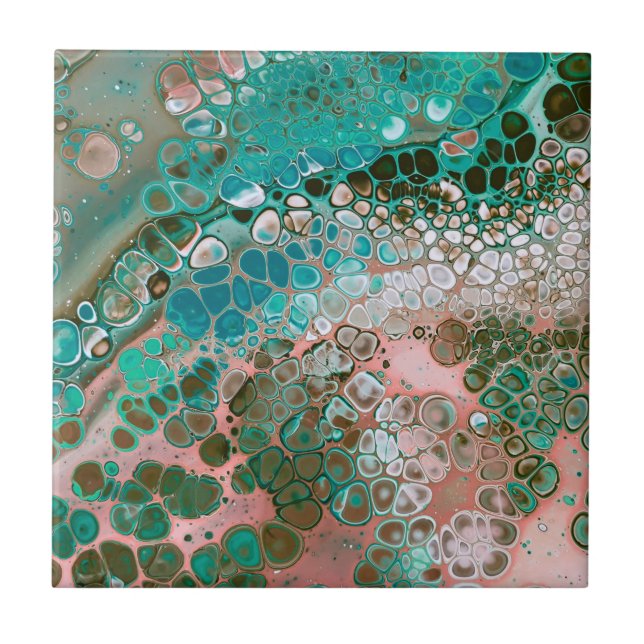 Peach & Turquoise Acrylic Pour Abstract Ceramic Tile (Front)