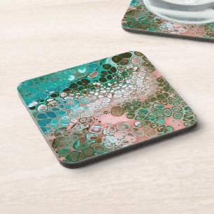 Peach & Turquoise Acrylic Pour Abstract Coaster