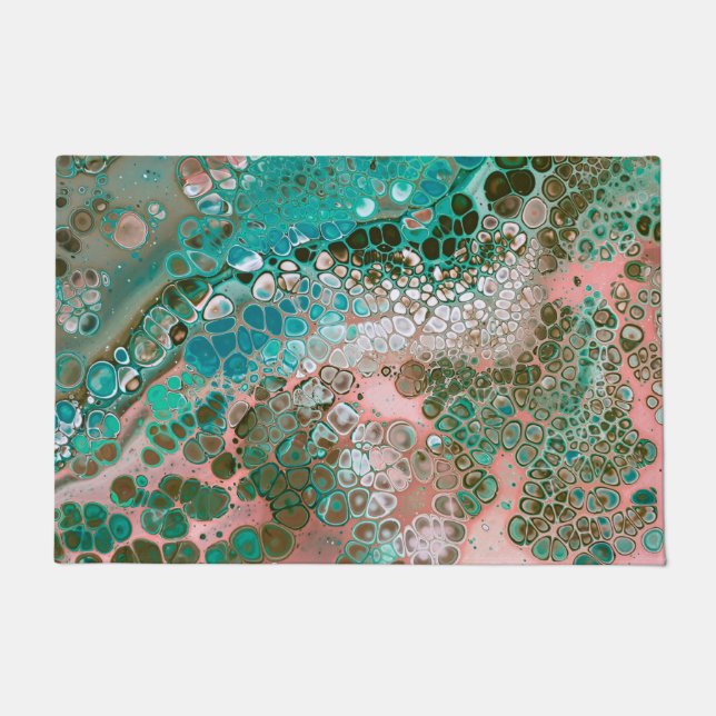 Peach & Turquoise Acrylic Pour Abstract Doormat (Front)