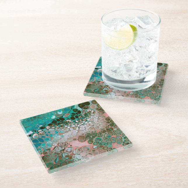Peach & Turquoise Acrylic Pour Abstract Glass Coaster (Angled)