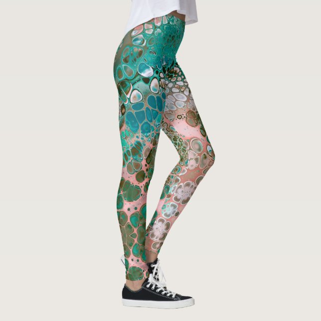 Peach & Turquoise Acrylic Pour Abstract Leggings (Right)
