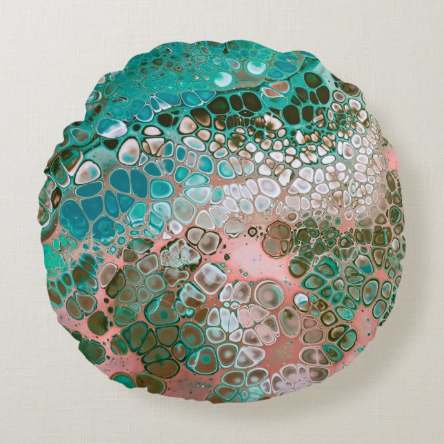 Peach & Turquoise Acrylic Pour Abstract Round Cushion (Front)