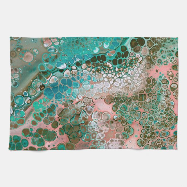 Peach & Turquoise Acrylic Pour Abstract Tea Towel (Horizontal)