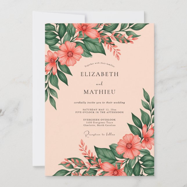 Peach Vibrant Botanical Spring Wedding Invitation (Front)