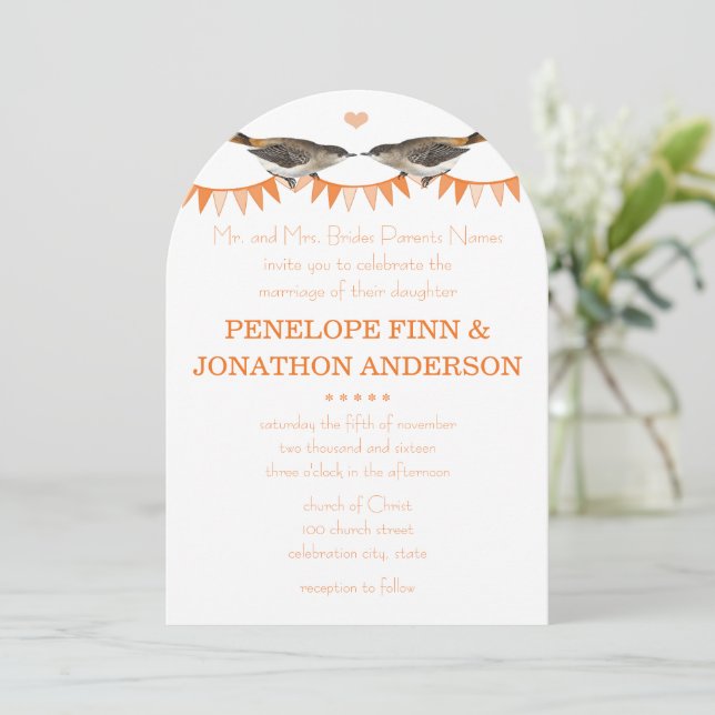 Peach Vintage Bird Bunting Wedding Invitations (Standing Front)