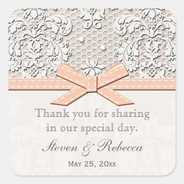 Peach Vintage Lace Wedding Favour Labels Stickers (Front)