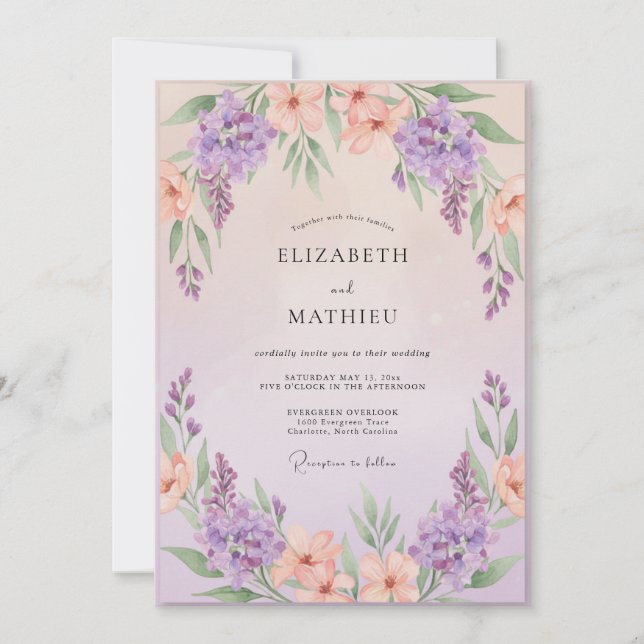 Peach Violet Wisteria Wedding Invitation (Front)