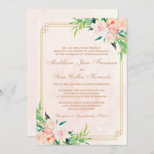 Peach Watercolor and Floral Wedding Invitation (Front/Back)