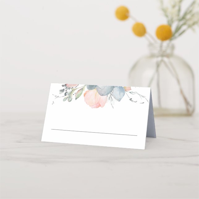 Peach Watercolor Blossoms Dusty Blue Wedding Place Card (Front)
