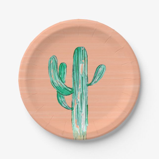 Peach Watercolor Cactus Southwestern Wedding Paper Plate (Front)