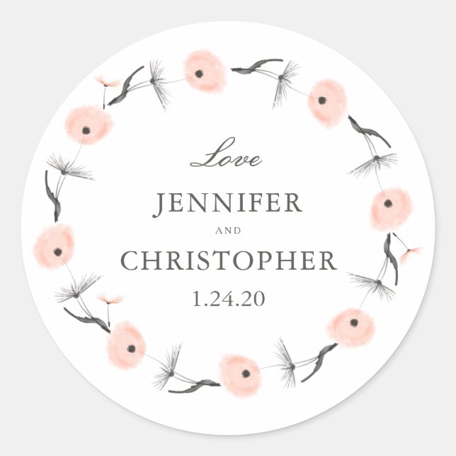 Peach Watercolor Dandelion Wedding Custom Favour Classic Round Sticker (Front)