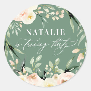 Peach watercolor floral 30th birthday party favour classic round sticker