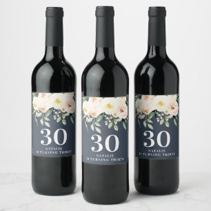 Peach watercolor floral 30th birthday party favour wine label