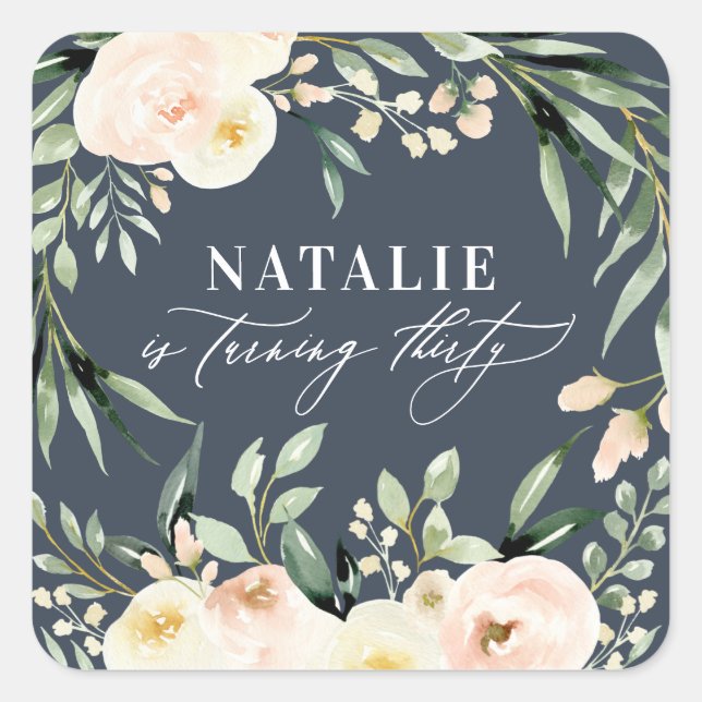 Peach watercolor floral 30th birthday party square sticker (Front)