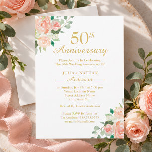 Peach Watercolor Floral 50th Wedding Anniversary Invitation