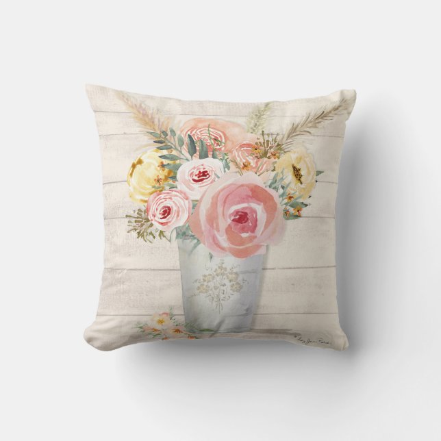 Peach Watercolor Floral Bouquet Pampas Grass Wood Cushion (Front)