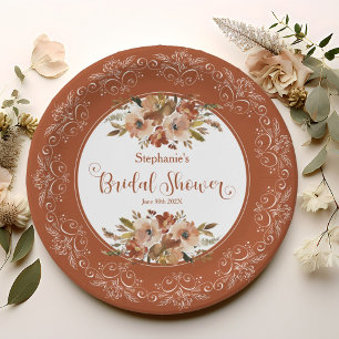 Peach Watercolor Floral Bridal Shower Persimmon Paper Plate