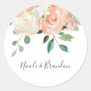 Peach Watercolor Floral Bride and Groom Classic Round Sticker