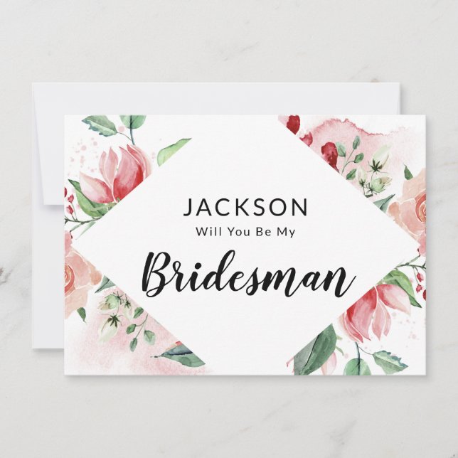 Peach Watercolor Floral Bridesman Proposal Card (Front)