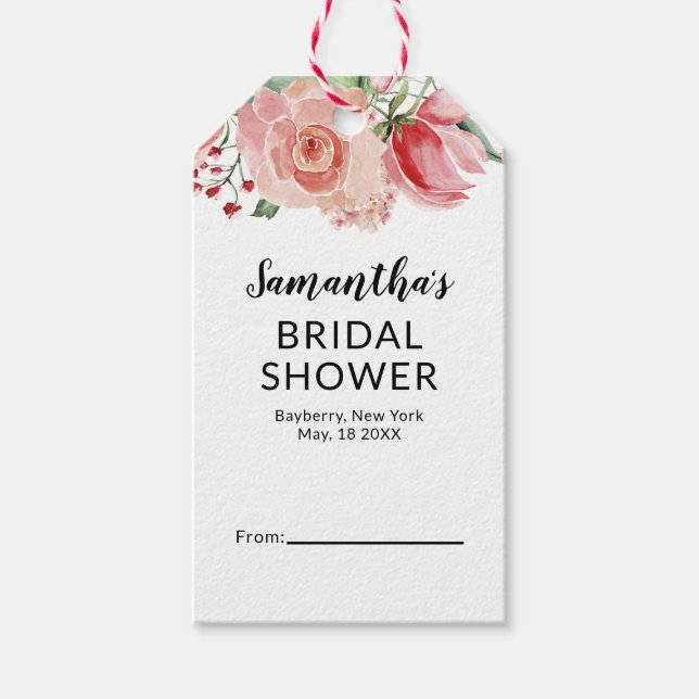 Peach Watercolor Floral Display Bridal Shower Gift Tags (Front)