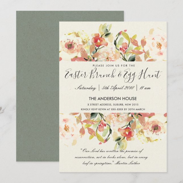 PEACH WATERCOLOR FLORAL EASTER BRUNCH & EGG HUNT INVITATION (Front/Back)