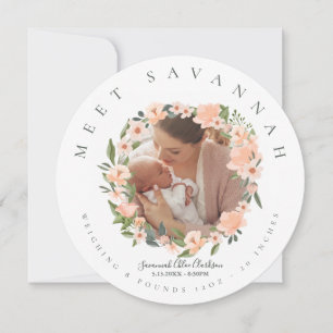 Peach Watercolor Floral Flower Wreath Photo Baby Announcement