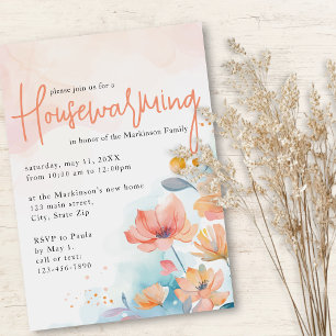 Peach Watercolor Floral Housewarming Party Invitation