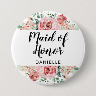 Peach Watercolor Floral Maid of Honour Monogrammed 7.5 Cm Round Badge