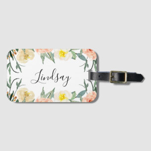 Peach Watercolor Floral Monogrammed Luggage Tag