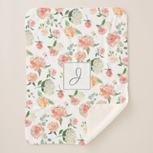 Peach Watercolor Floral Pattern with Monogram Sherpa Blanket