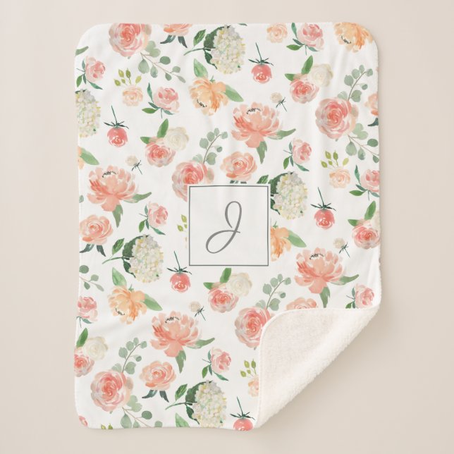 Peach Watercolor Floral Pattern with Monogram Sherpa Blanket (Front)