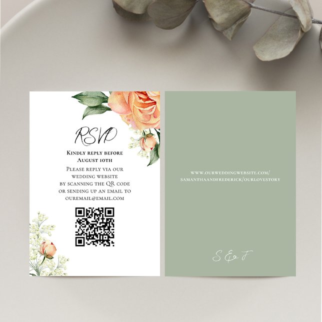 Peach Watercolor Floral QR Code RSVP Card (Elegant wedding RSVP card with watercolor peach floral design.)