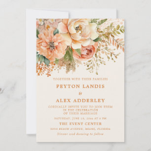 Peach Watercolor Floral Sage Green Cream Wedding Invitation