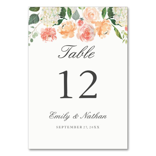 Peach Watercolor Floral Table Number Cards (Front)