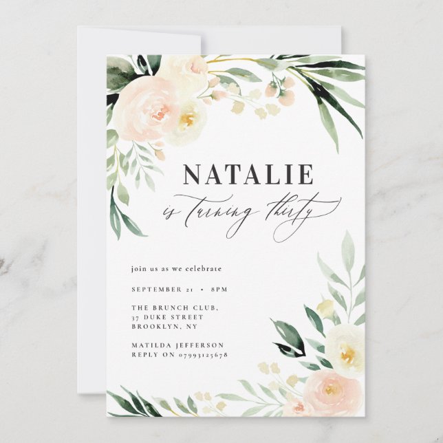 Peach watercolor floral thirtieth birthday party (Front)
