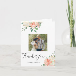 Peach Watercolor Floral Wedding Photo Thank You Card