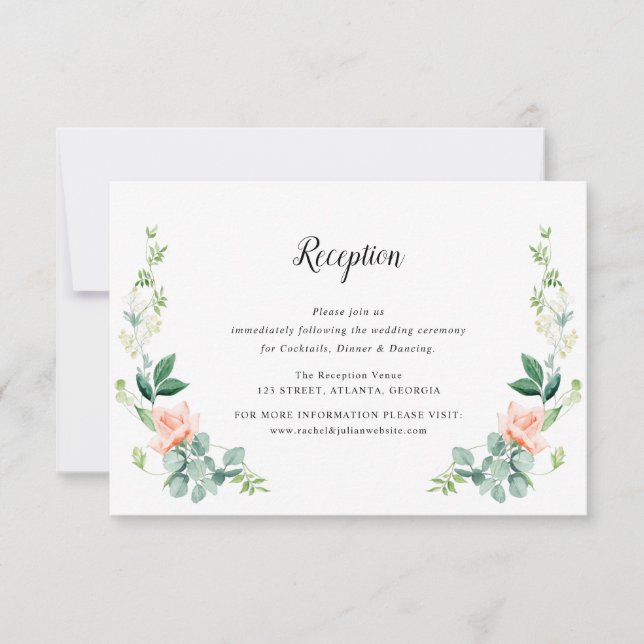 Peach watercolor floral wedding reception card (Front)