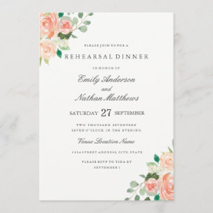 Peach Watercolor Floral Wedding Rehearsal Dinner Invitation